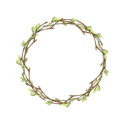 Watercolor hand drawn circle wreath with spring flowers, daffodils, crocus, snowdrops, branches Isolated on white background Design for invitations, wedding, greeting cards, wallpaper, print, textile.