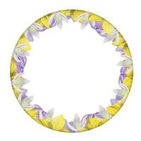 Watercolor hand drawn circle wreath with spring flowers, daffodils, crocus, snowdrops, leaves. Isolated on white background. Design for invitations, wedding, greeting cards, wallpaper, print, textile. vector
