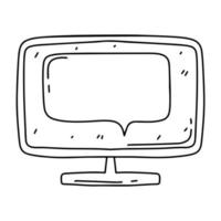 Computer screen with speech bubble in hand drawn doodle style. Isolated on white background. vector