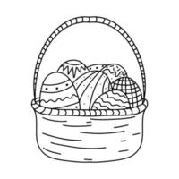 Happy Easter eggs in basket in hand drawn doodle style. Vector illustration isolated on white background.