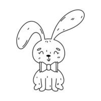 Funny bunny in hand drawn doodle style. Cute bunny sitting. Domestic animal. Coloring page activity. Isolated on white background. vector