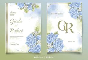 plantilla de invitación de boda de acuarela con adorno de flor azul y verde vector