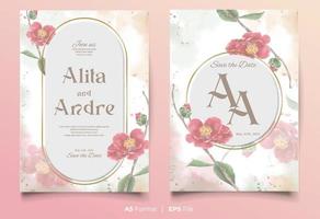 watercolor wedding invitation template with red and green flower ornament vector