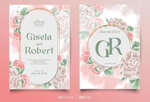 watercolor wedding invitation template with pink and green flower ornament vector