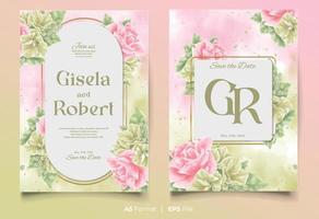 plantilla de invitación de boda de acuarela con adorno de flor rosa y verde vector