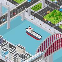 Isometric vector illustration of a modern city with people a marina and a river embankment