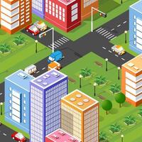 Isometric 3D illustration city urban area with a lot of houses and skyscrapers, streets, trees and vehicles vector