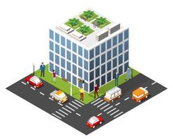 Isometric 3D illustration city urban area with a lot of houses and skyscrapers, streets, trees and vehicles vector