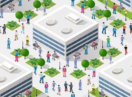 Isometric 3D illustration city urban area with a lot of houses and skyscrapers, streets, trees and vehicles vector