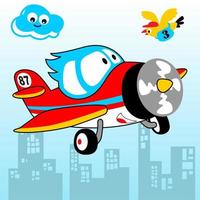 Funny airplane with mail carrier dove flying across buildings, vector cartoon illustration