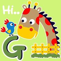 Cute giraffes with little bird, vector cartoon illustration