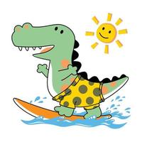 Funny dinosaur playing surfboard at sunshine, vector cartoon illustration