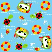 Marine animals with cat wearing diving goggles, pattern beach element background, vector cartoon illustration