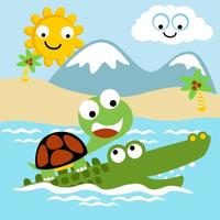 Vector illustration of cartoon turtle riding on crocodile in river, smiling sun and cloud behind mountains