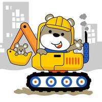 Cute bear and mouse on construction vehicle, vector cartoon illustration