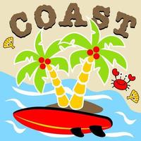 tabla de surf bajo el cocotero, animales marinos en la costa, ilustración de dibujos animados vectoriales vector