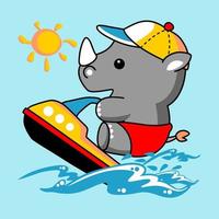 Cute rhino playing jet ski in the beach ,vector cartoon illustration vector