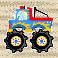 Monster truck on tire tracks background, vector cartoon illustration