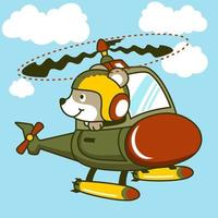 military helicopter with cute bear pilot, vector cartoon illustration