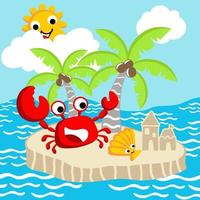 Crab and shellfish build sand castle in small island, smiling sun behind clouds, vector cartoon illustration