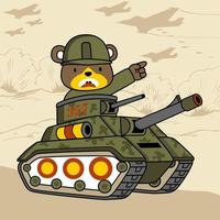 Bear with soldier helmet on armored vehicle in battlefield, vector cartoon illustration