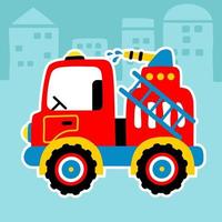 Fire truck on buildings background, vector cartoon illustration