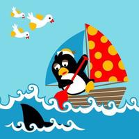 Penguin on sailboat attacked by shark, flock of bird flying, vector cartoon illustration