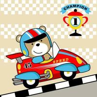 Funny bear driving racing car, race car elements, vector cartoon illustration