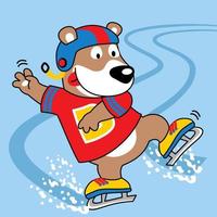 bear playing ice skating, vector cartoon illustration