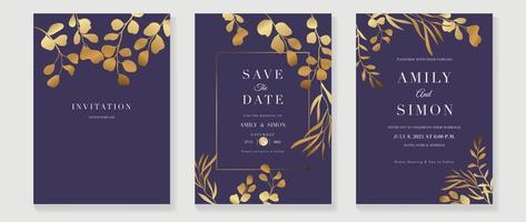 vector de fondo de tarjeta de invitación de boda de lujo. rama de hoja floral botánica de textura dorada con plantilla de arte de línea de marco geométrico. ilustración de diseño para boda y plantilla de portada vip, banner.