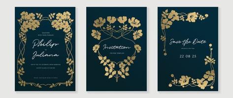 Luxury wedding invitation card background vector. Gold texture botanical flower leaf branch line art pattern frame template background. Design illustration for wedding and vip cover template, banner. vector