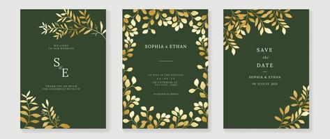 Luxury wedding invitation card background vector. Golden texture botanical floral leaf branch vine pattern frame template background. Design illustration for wedding and vip cover template, banner. vector