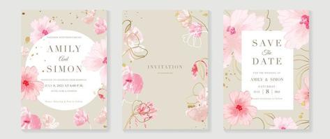 Luxury wedding invitation card background vector. Watercolor blooming flower and golden texture line art with geometric frame template. Design illustration for wedding and vip cover template, banner. vector
