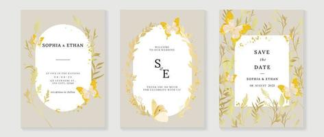 Luxury wedding invitation card background vector. Golden texture botanical leaf branch and butterfly with geometric frame template. Design illustration for wedding and vip cover template, banner. vector