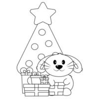 lindo conejo y árbol de navidad y caja de regalo en blanco y negro vector