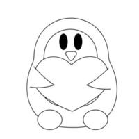 lindo pingüino de dibujos animados y corazón. dibujar ilustraciones en blanco y negro vector