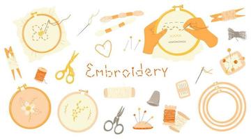 Embroidery materials set. Hoops, threads, needles. DIY items. Vector hand drawn illustration. Handmade set.