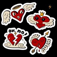 Anti-Valentine's Day stickers set. Broken heart, wounded heart clipart. Vector illustration in old cartoon retro style.