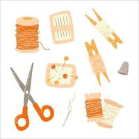 Sewing craft tools and materials. Scissors, threads, needles, thimble, pin cashion. Vector hand drawn set.