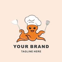 ilustración del logotipo de calamar con sombrero de chef y cocina vector
