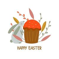 Rabbit sniffing Easter cake. Willow twig. Cartoon vector