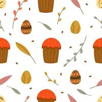 Seamless pattern with Easter cake, eggs and twigs. Vector