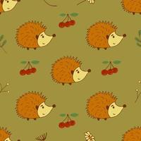 Seamless pattern with cute hedgehogs, cherry berries, twigs and flowers vector