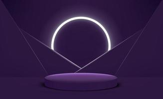 Violet interior with podium and circle neon light. Vector 3d illustration