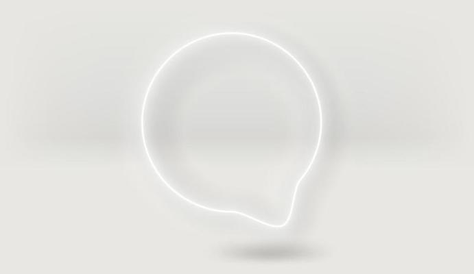 Neon glow white speech bubble on white background. 3d vector mockup
