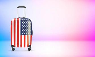 Plastic suitcase with USA flag. 3d vector banner with copy space