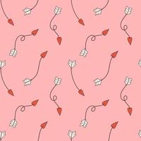 Vector seamless pattern with curved arrows in retro style. Pink background with swirl arrows with heart shaped arrowheads. Happy Valentines day. Love and romance.