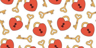 Vector retro seamless pattern with heart shaped gold key and red lock. Valentines day. Love and romance. Background in y2k or 70s style. Pattern with hearts.