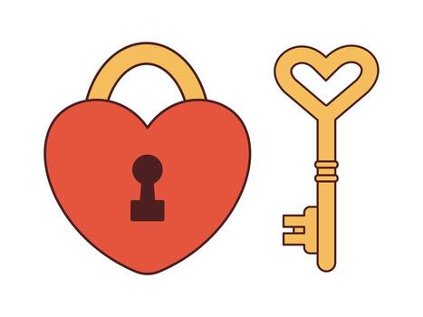 Vector set with heart shaped lock and key in retro style. Collection with red padlock and gold key y2k. Happy Valentines day. 70s 90s.