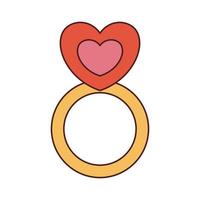 Vector ring with heart in retro style. Groovy jewelry 70s 90s. Y2k illustration with heart shaped ring in flat design.